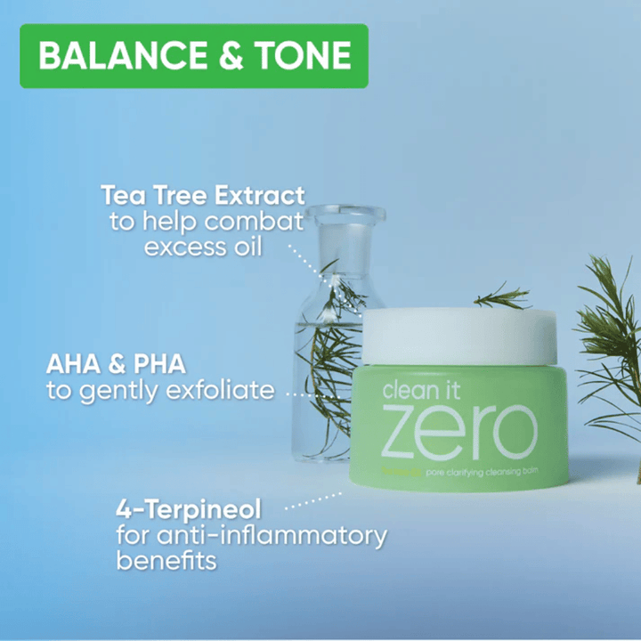 Clean It Zero Pore Clarifying Cleansing Balm avec extrait de Tea Tree, AHA et PHA qui équilibrent la peau, réduisent l'excès d'huile et exfolient en douceur pour un teint plus clair.