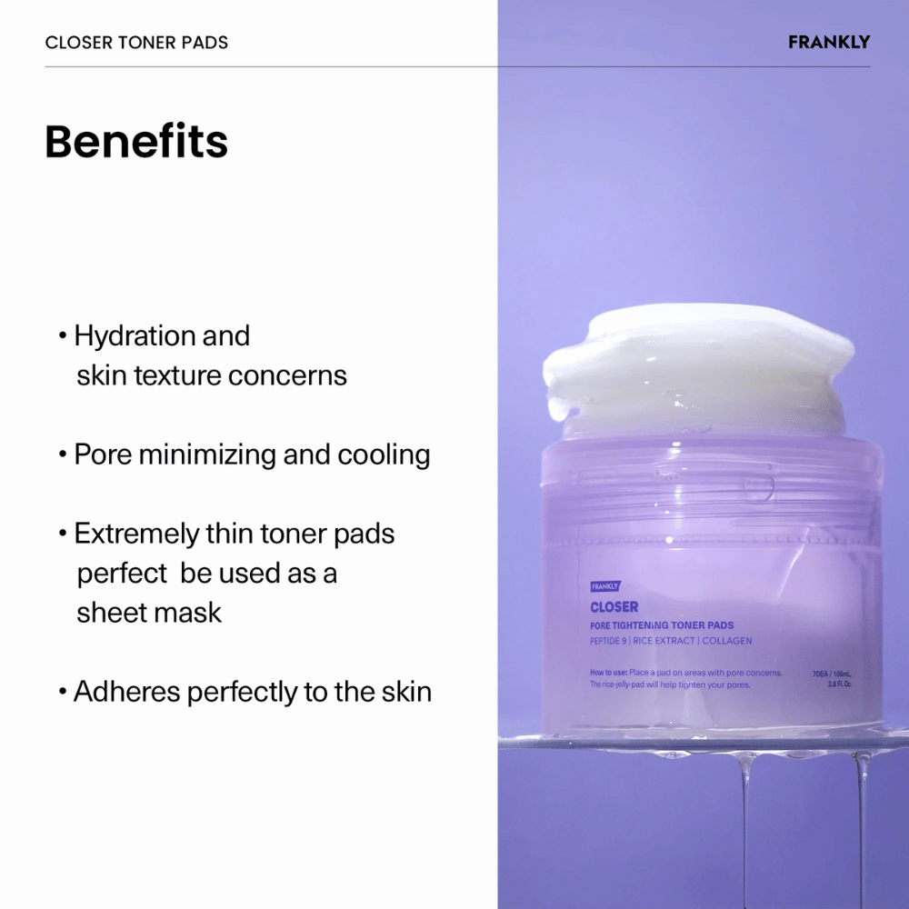 Pot violet avec FRANKLY Closer Toner Pads rempli de pads fins et hydratants. Le texte décrit des avantages tels que la réduction des pores et un effet rafraîchissant.