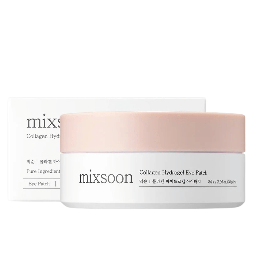 Image de Mixsoon Collagen Hydrogel Eye Patch, montrant un pot avec un couvercle rose et une base blanche. Le pot contient 84 g (30 paires) de patchs pour les yeux. La boîte est élégante et donne une impression de soins de la peau luxueux. Le produit est conçu pour hydrater et nourrir la peau sous les yeux.