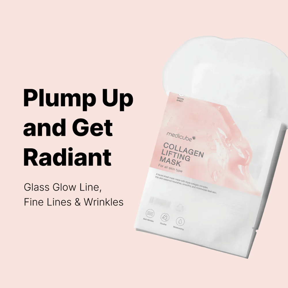 L'emballage du "Medicube Collagen Lifting Mask," un masque facial axé sur le repulpage de la peau et l'obtention d'un look éclatant. Le produit s'adresse à tous les types de peau et est conçu pour contrer les ridules et les rides. Le texte "Plump Up and Get Radiant" met en avant les caractéristiques du masque, tandis que les éléments graphiques offrent une présentation moderne et attrayante.