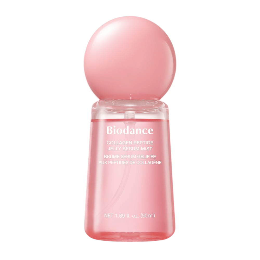 Biodance Collagen Peptide Jelly Serum Mist 50 ml – brume visage rose et sérum au collagène et aux peptides pour l’hydratation et l’éclat.