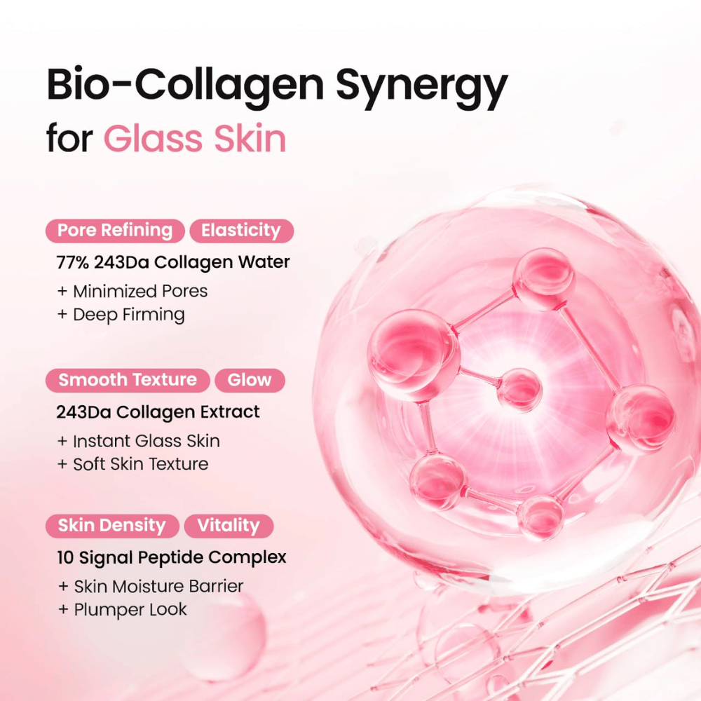 Biodance Collagen Peptide Jelly Serum Mist avec 77 % d’eau de collagène, extrait de collagène et complexe de peptides pour l’éclat, la fermeté et l’hydratation.