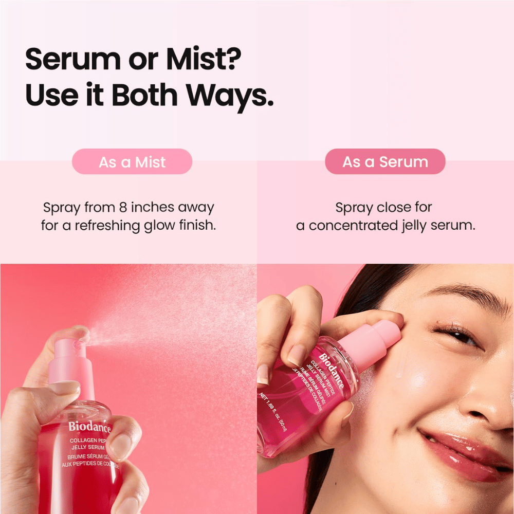 Biodance Collagen Peptide Jelly Serum Mist peut être utilisé à la fois comme brume visage et comme sérum pour l’hydratation et un fini frais et éclatant.