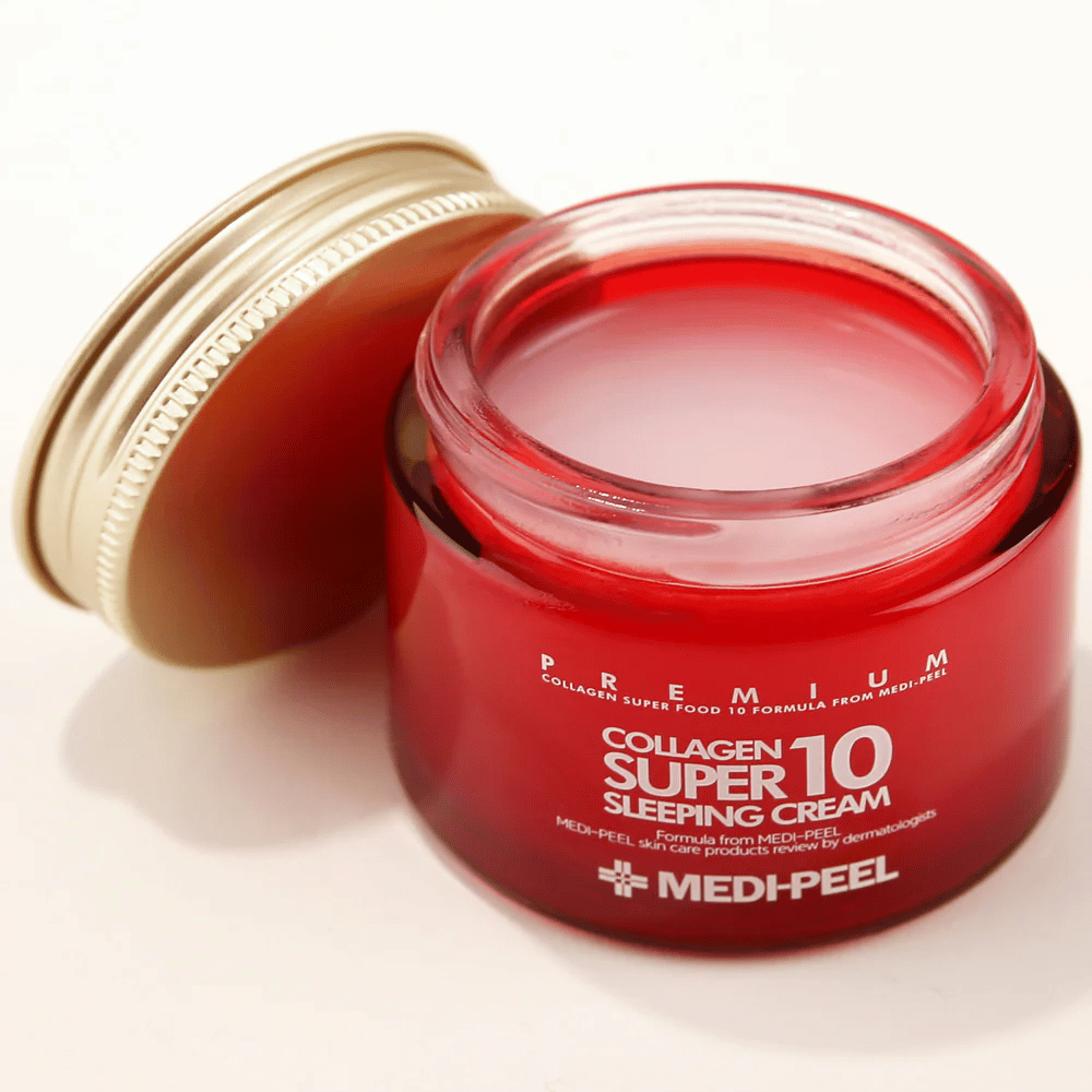 Gros plan sur MEDI-PEEL Collagen Super 10 Sleeping Cream avec texture de gel-crème qui est absorbée pendant la nuit et procure une hydratation intense.