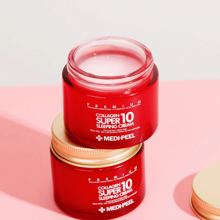 MEDI-PEEL Collagen Super 10 Sleeping Cream dans un emballage premium – crème de nuit intensément hydratante avec collagène pour une peau plus ferme et plus lisse.