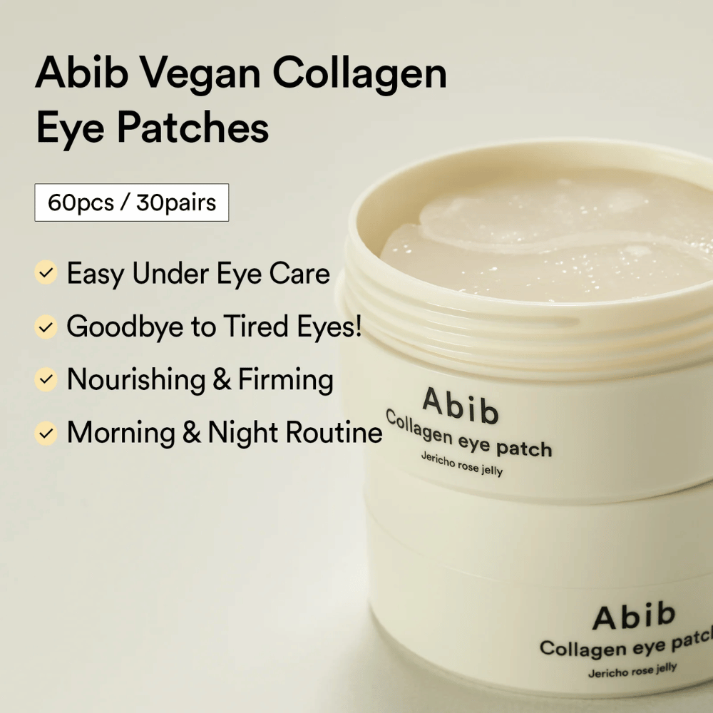 Abib Collagen Eye Patch Jericho Rose Jelly dans un pot ouvert avec des patchs pour les yeux visibles. Le texte décrit des avantages tels que des soins simples pour les yeux fatigués, un effet raffermissant et une utilisation matin et soir. 60 pcs / 30 paires.