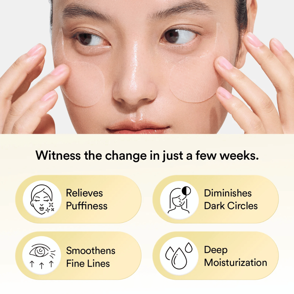 Gros plan sur une femme appliquant Abib Collagen Eye Patch Jericho Rose Jelly sous les yeux. Des icônes et du texte montrent les effets du produit : réduit le gonflement, atténue les cernes, lisse les ridules et hydrate en profondeur.