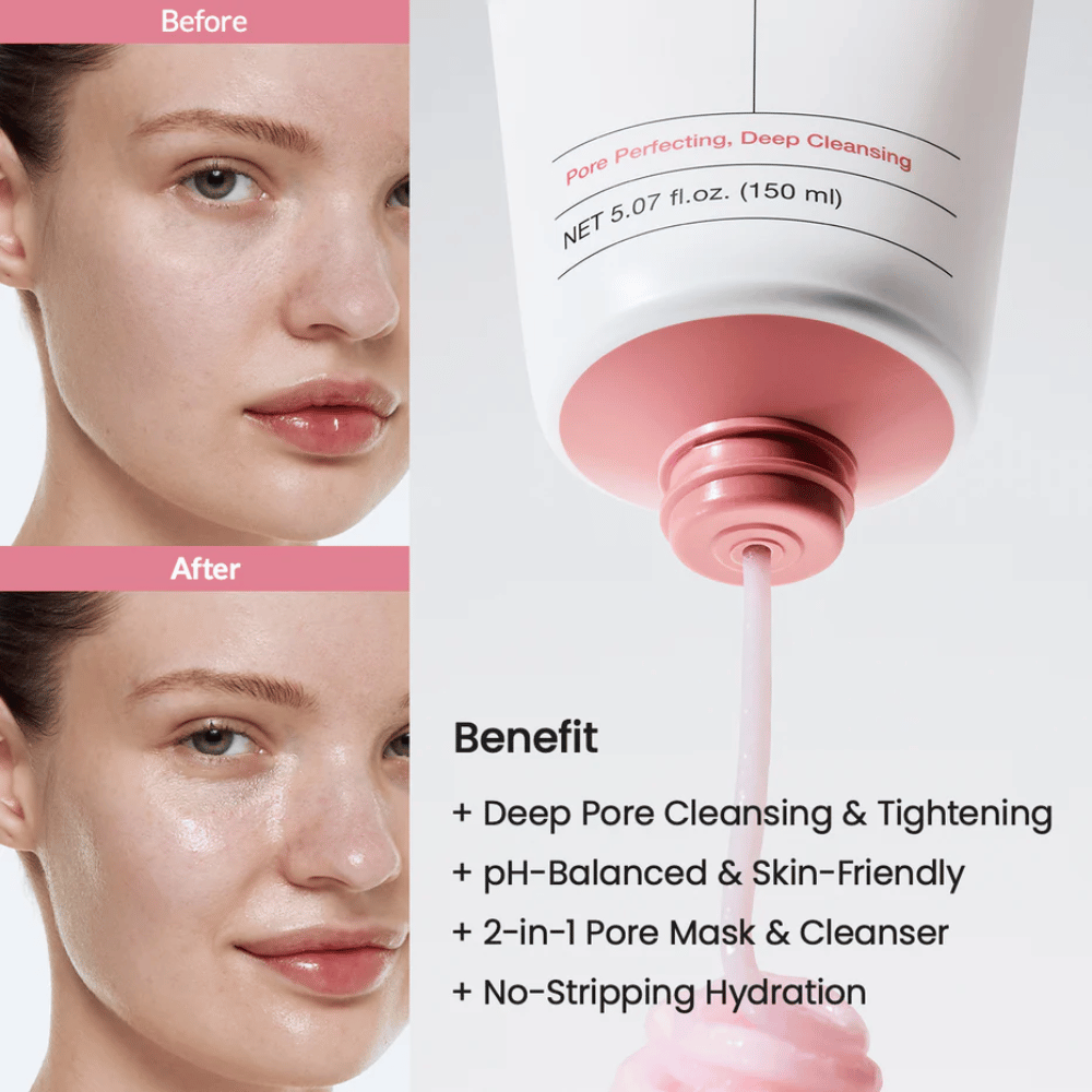 Images avant et après sur la peau d'une femme avec un éclat amélioré, ainsi qu'un nettoyant rose versé d'un tube. Le texte liste des avantages tels que le nettoyage profond des pores, une formule équilibrée en pH, un masque et un nettoyant 2-en-1, ainsi qu'un effet hydratant.