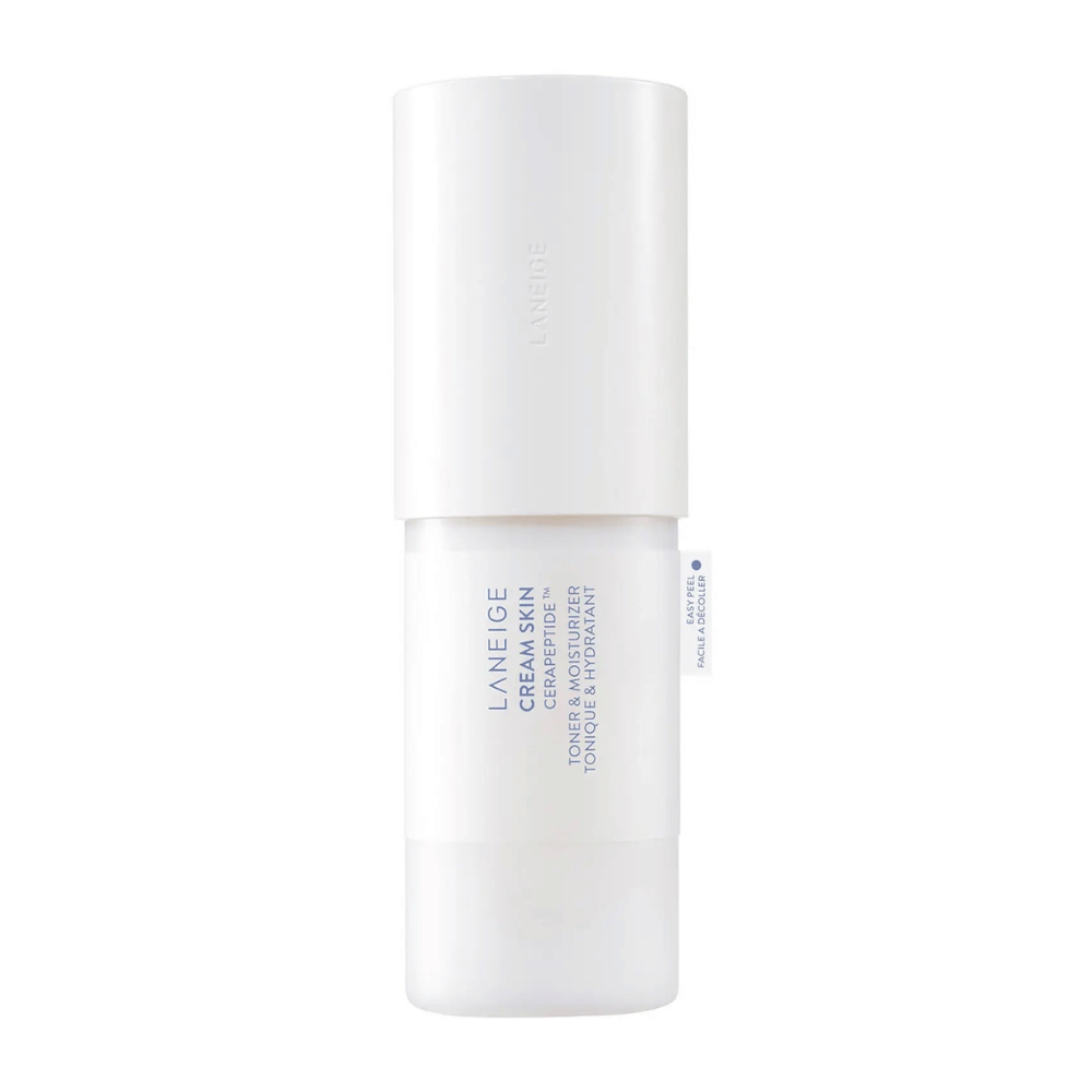 Laneige Cream Skin Cerapeptide Refiner dans une bouteille blanche avec pompe. Le produit combine un toner et une crème hydratante, conçu pour hydrater et tonifier la peau.