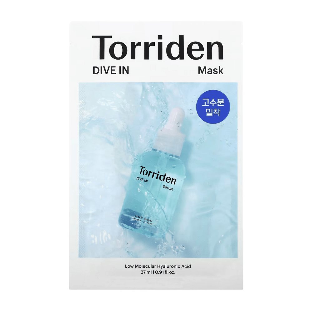 Emballage de "Torriden Dive In Mask" avec acide hyaluronique, fond aquatique.