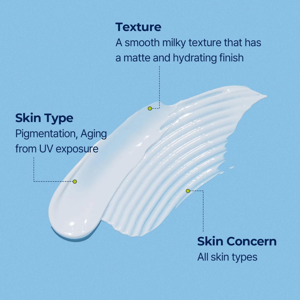 Gros plan sur la texture du produit – une formule crémeuse et lactée étalée en un seul geste. Le texte décrit le fini, le type de peau et le domaine d’utilisation.