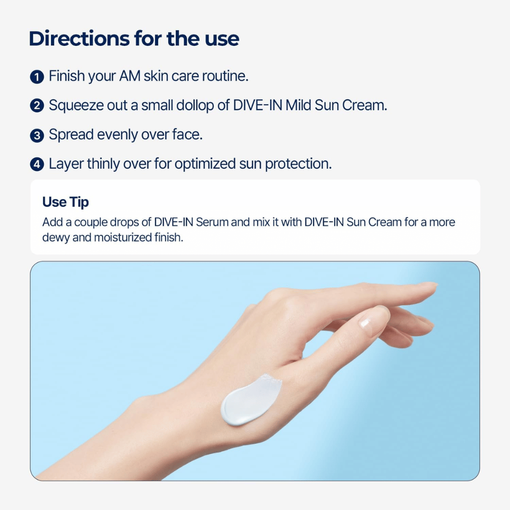 Image d’instructions montrant comment utiliser le produit étape par étape. Sous le texte, on voit une main avec une noisette de crème solaire sur le dessus, sur un fond bleu clair.