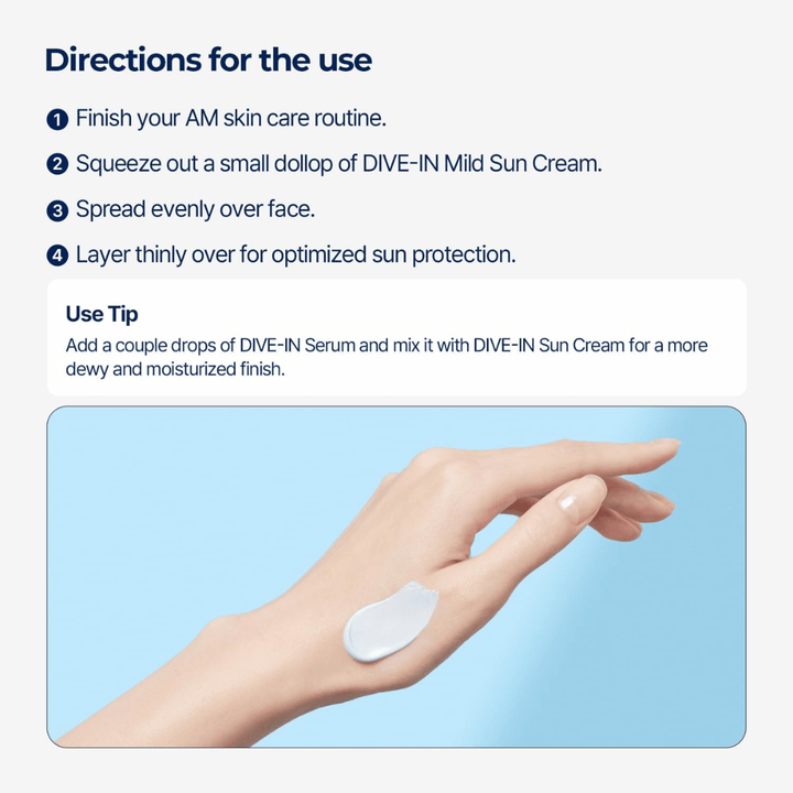 Image d’instructions montrant comment utiliser le produit étape par étape. Sous le texte, on voit une main avec une noisette de crème solaire sur le dessus, sur un fond bleu clair.