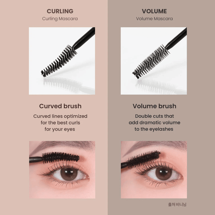 Comparaison entre Heimish Dailism Smudge Stop Mascara Recourbant et Volume qui montre la différence entre des cils recourbés et un volume intense.