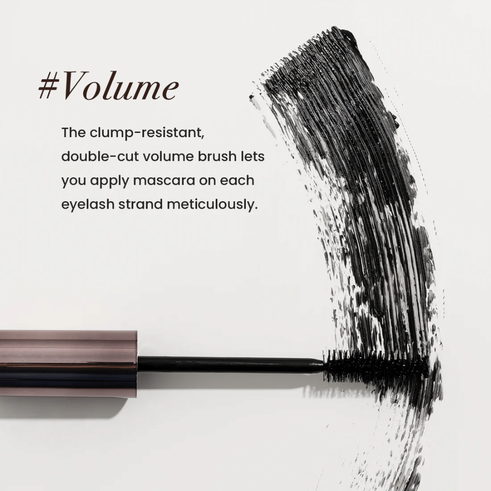Heimish Dailism Smudge Stop Mascara Volume avec une brosse volumisante qui sépare les cils et crée un volume riche sans grumeaux.