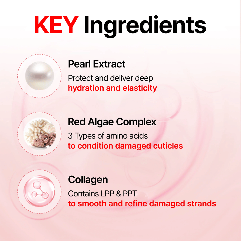 Ingrédients clés de GROWUS Damage Therapy Shampoo EX avec extrait de perle, complexe d’algues rouges et collagène