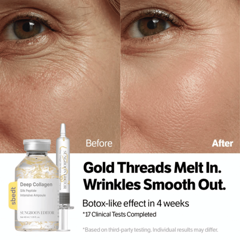 SUNGBOON EDITOR Deep Collagen Silk Peptide Intensive Ampoule – sérum avec peptides qui aident à réduire les rides et améliorer l'élasticité de la peau pour un résultat plus lisse.