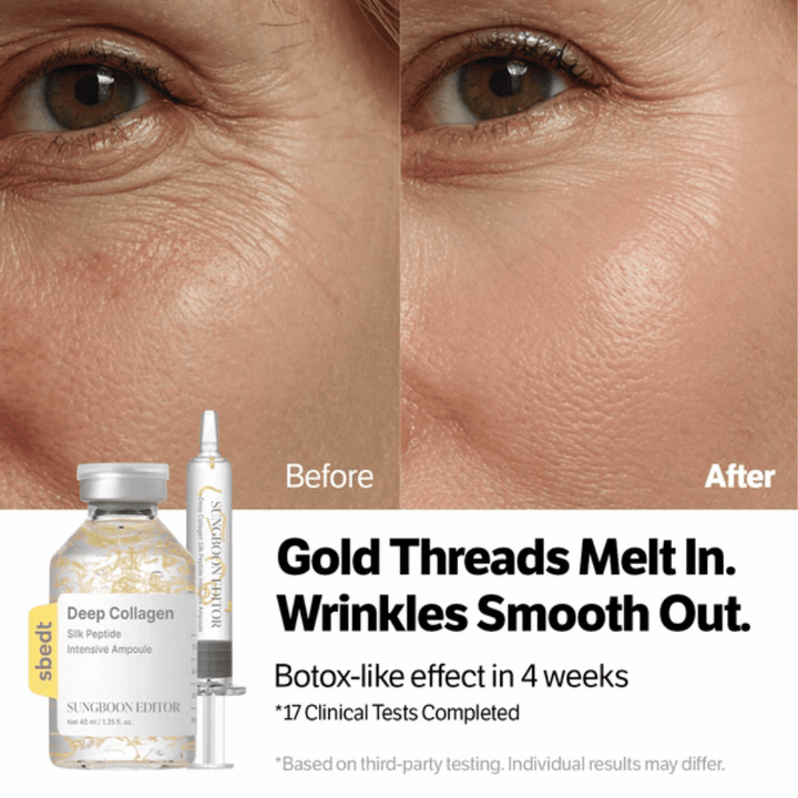 SUNGBOON EDITOR Deep Collagen Silk Peptide Intensive Ampoule – sérum avec peptides qui aident à réduire les rides et améliorer l'élasticité de la peau pour un résultat plus lisse.