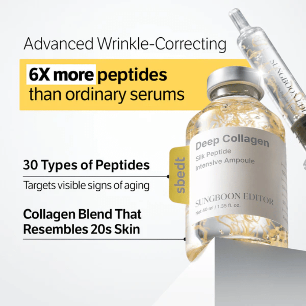 SUNGBOON EDITOR Deep Collagen Silk Peptide Intensive Ampoule – sérum avancé avec collagène et peptides qui aident à améliorer la fermeté de la peau et réduire les signes visibles de l'âge.