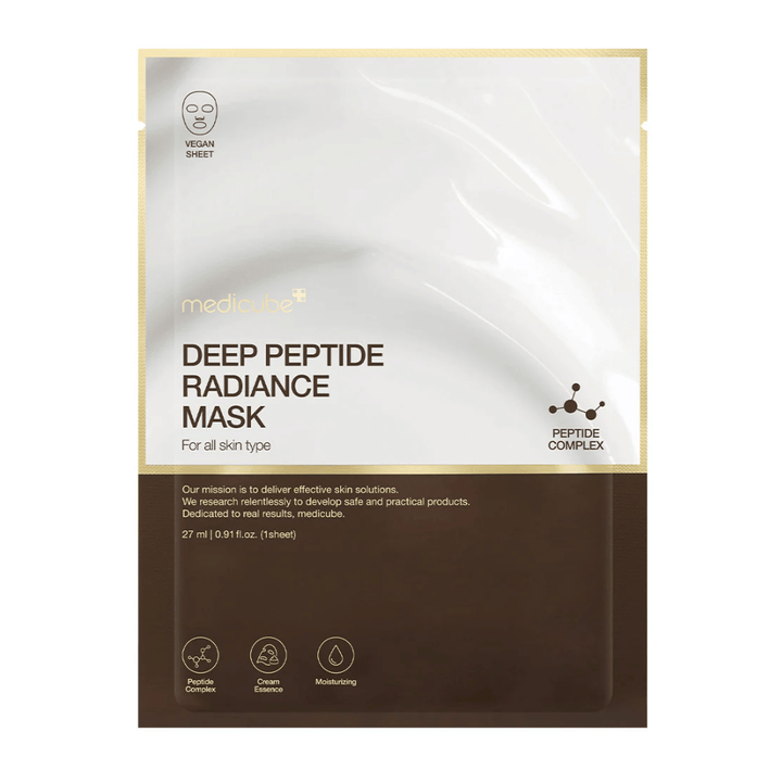 Face avant de Medicube Deep Peptide Radiance Mask, Masque tissu végan avec complexe de peptides pour hydratation et éclat.