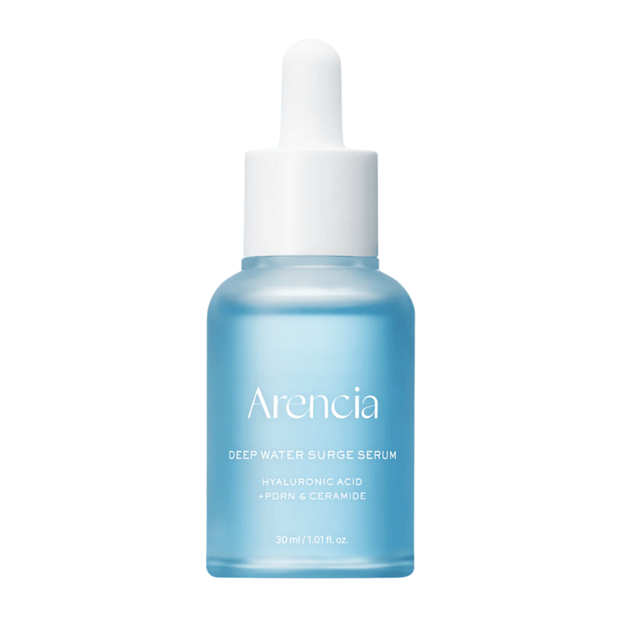 Arencia Deep Water Surge Serum 30 ml sur fond blanc – sérum hydratant avec acide hyaluronique, PDRN et céramides pour peau sensible, sèche et déshydratée.