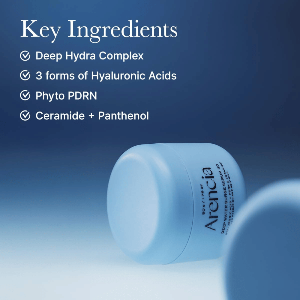 Arencia Deep Water Surge Serum 30 – ingrédients clés avec acide hyaluronique, Phyto PDRN, céramides et panthénol