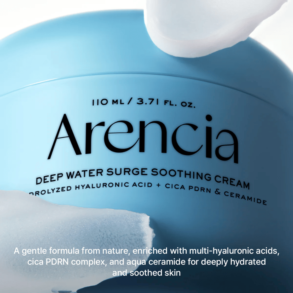 Arencia Deep Water Surge Soothing Cream avec de l'acide hyaluronique, Cica PDRN et des céramides - crème visage apaisante qui hydrate en profondeur et renforce la barrière cutanée pour les peaux sensibles et sèches.