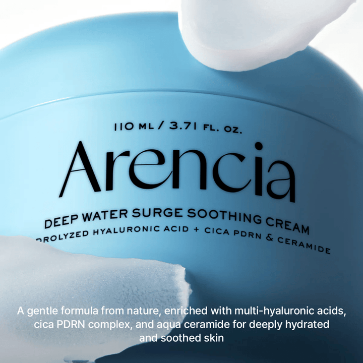 Arencia Deep Water Surge Soothing Cream avec de l'acide hyaluronique, Cica PDRN et des céramides - crème visage apaisante qui hydrate en profondeur et renforce la barrière cutanée pour les peaux sensibles et sèches.