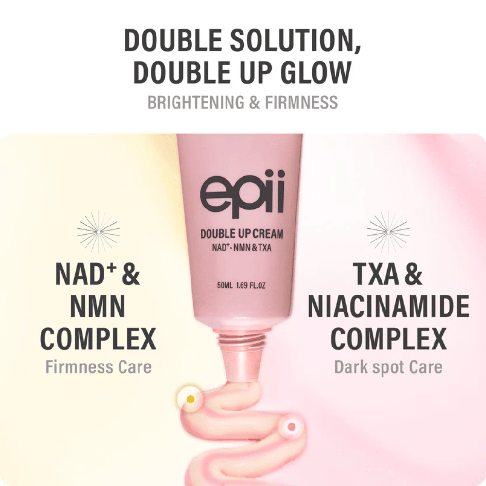 EPII Double Up Cream NAD+, NMN & TXA – crème visage avec niacinamide et acide tranexamique pour un teint uniforme, plus de fermeté et d’hydratation.