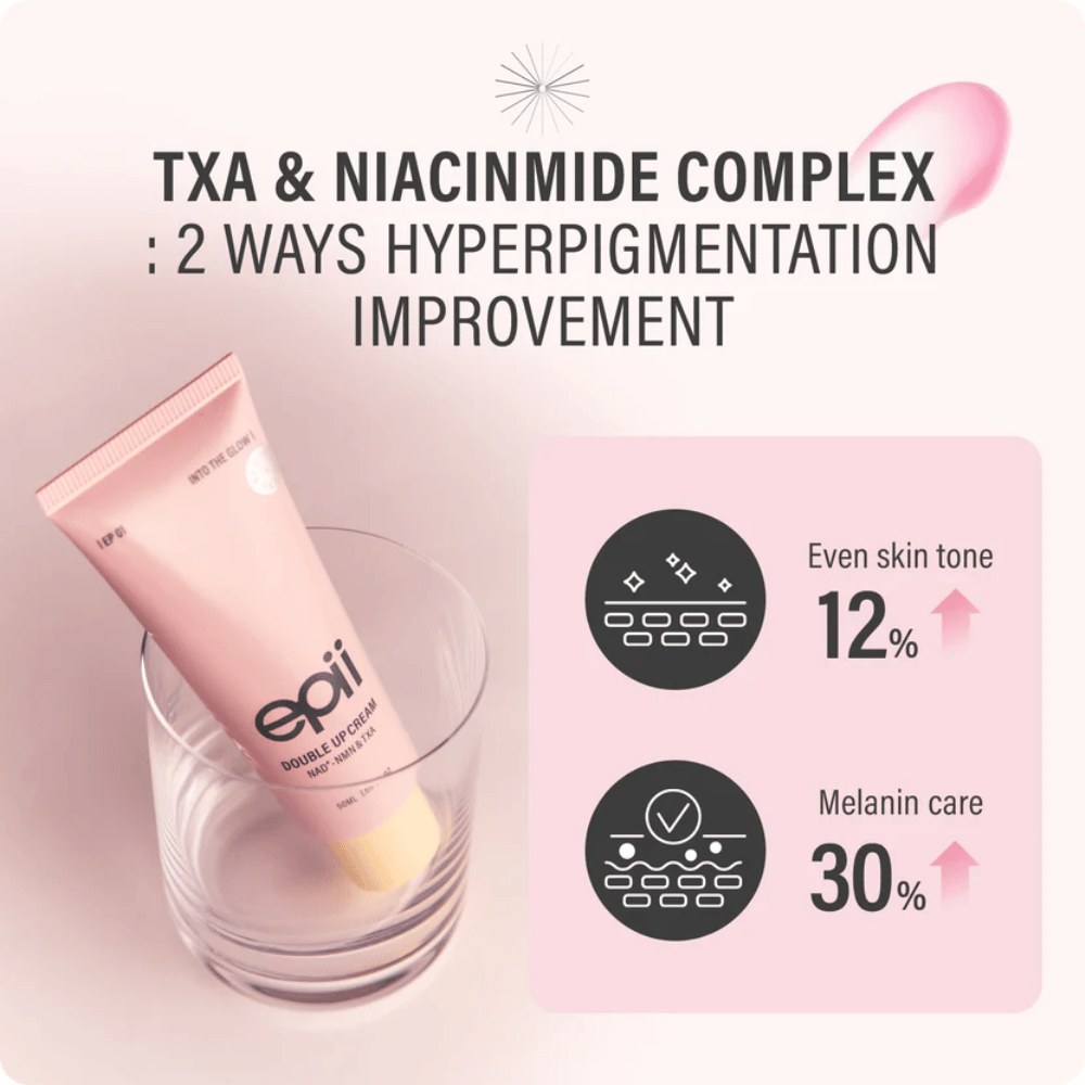 EPII Double Up Cream avec NAD+, NMN, acide tranexamique et niacinamide qui aide à unifier le teint et à réduire la pigmentation visible.