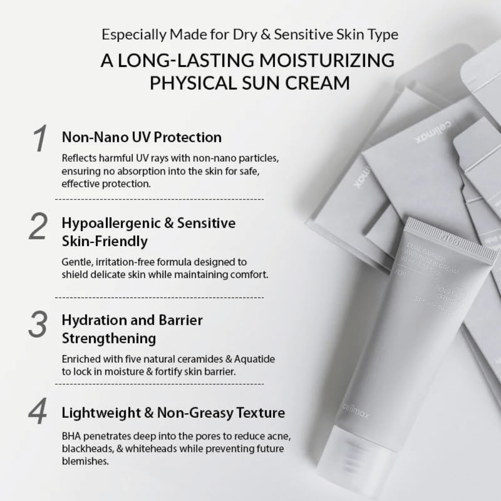 Celimax Dual Barrier Watery Sun Cream SPF50+ PA++++ avec filtre UV physique, cinq céramides et Aquatide qui hydratent et renforcent la barrière cutanée.