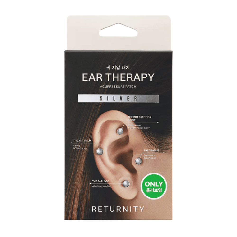 Emballage de RETURNITY Ear Therapy Acupressure Patch Silver avec des patchs auriculaires argentés et des points d’acupression marqués sur l’oreille.