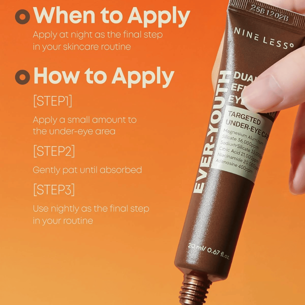 NINE LESS Ever-Youth Dual Effect Eye Cream – application de crème contour des yeux comme dernière étape de la routine du soir