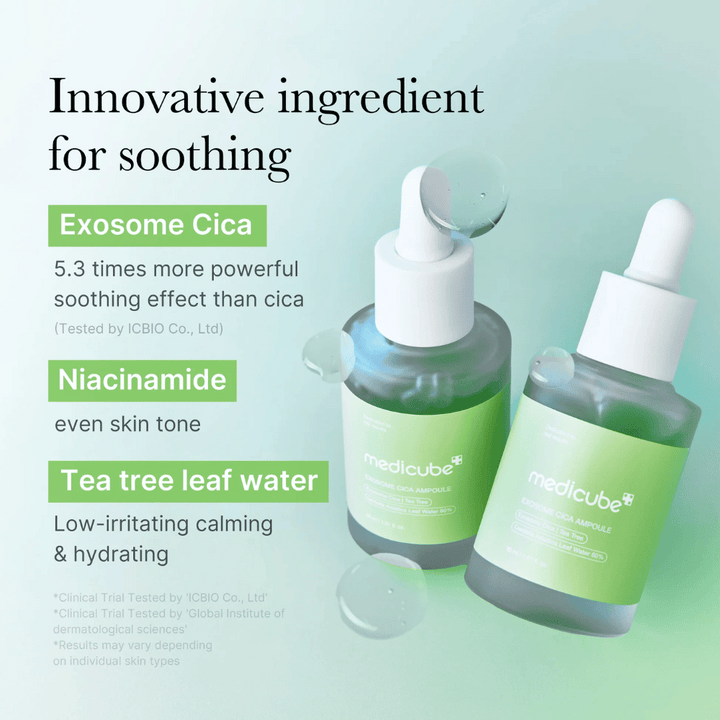Två flaskor Medicube Exosome Cica Ampoule, formulerad med Exosome Cica, niacinamid och tea tree leaf water för lugnande effekt.