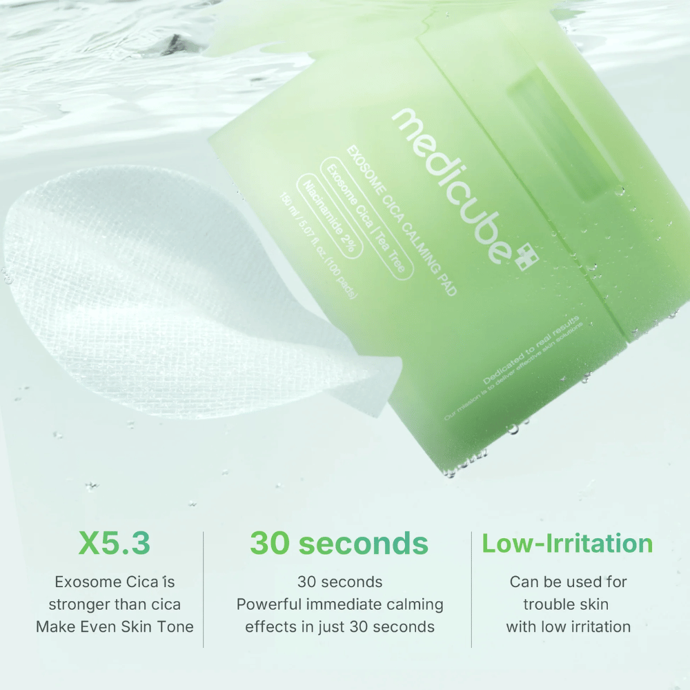 Medicube Exosome Cica Calming Pads under vatten, med fördelar: 5,3x starkare än cica, effekt på 30 sekunder, låg irritation.