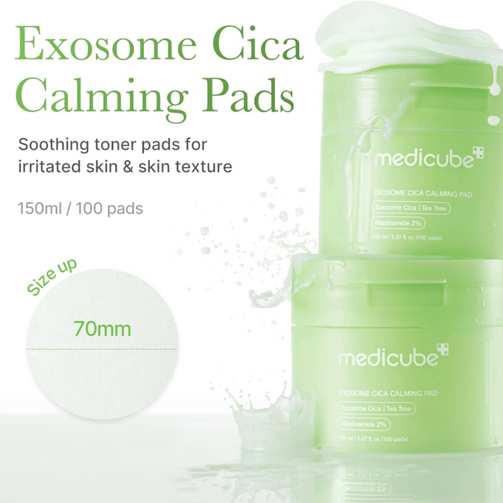 Medicube Exosome Cica Calming Pads i grön burk, lugnande toner pads med niacinamid och tea tree för irriterad hud, 150 ml/100 pads.