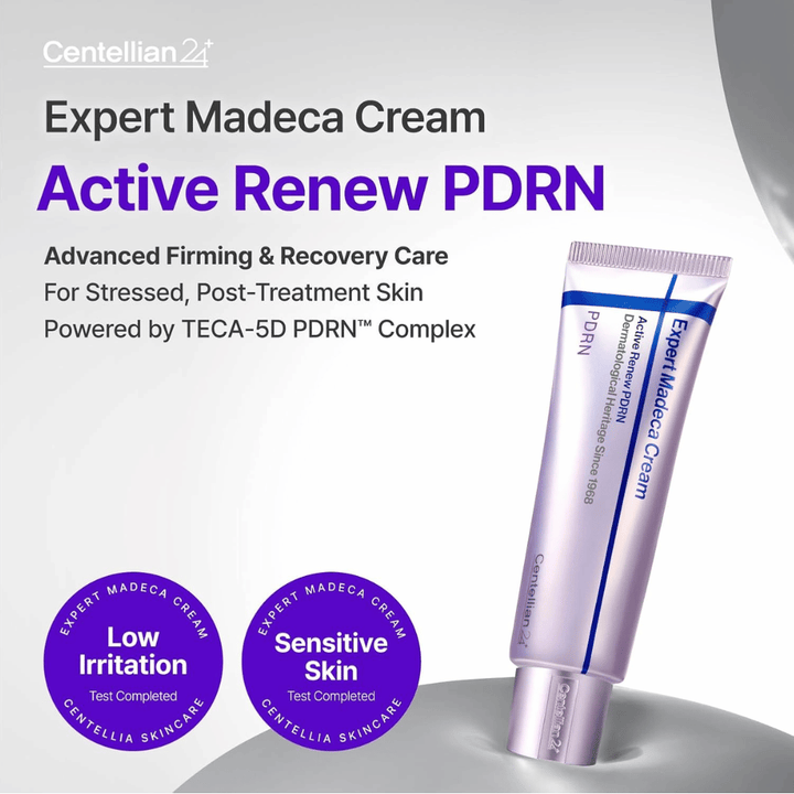 Centellian24 Expert Madeca Cream Active Renew PDRN image du produit en tube à faible irritation et adaptée aux peaux sensibles avec des propriétés réparatrices