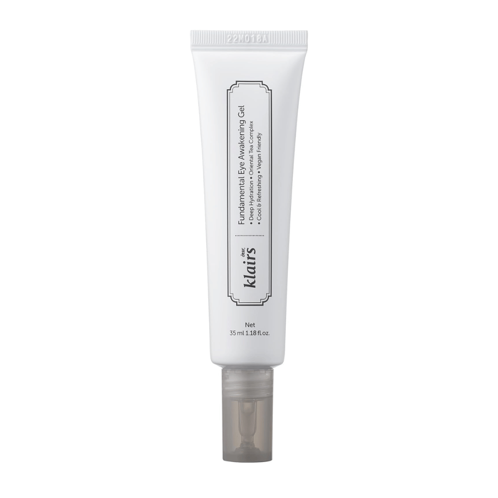 Image détourée du produit Klairs Fundamental Eye Awakening Gel sur fond blanc. Le tube est ներկայացé de face afin de montrer clairement le nom du produit, sa taille et le design épuré et minimaliste qui caractérise les produits Klairs.