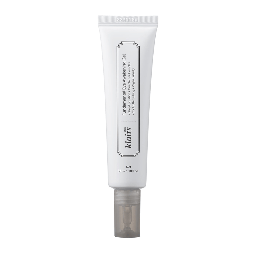Image détourée du produit Klairs Fundamental Eye Awakening Gel sur fond blanc. Le tube est ներկայացé de face afin de montrer clairement le nom du produit, sa taille et le design épuré et minimaliste qui caractérise les produits Klairs.