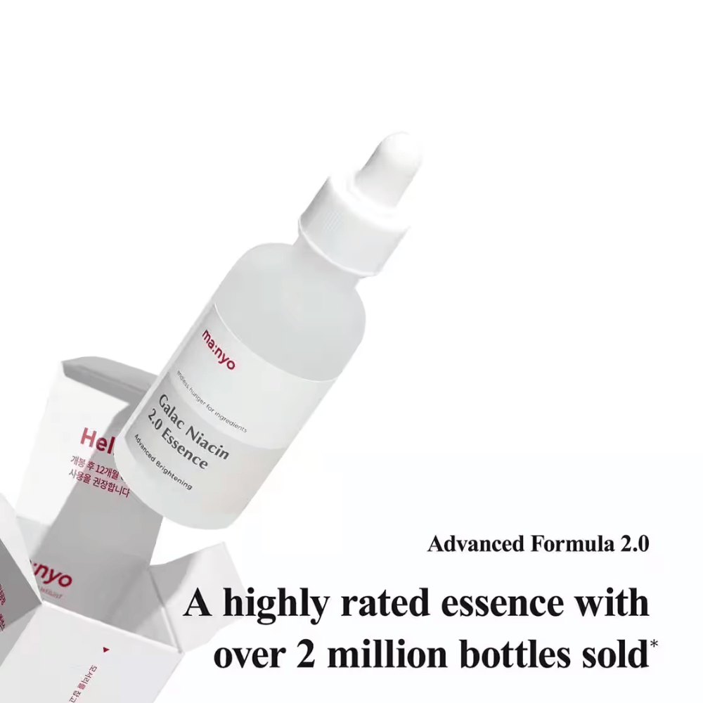 Ma:nyo Galac Niacin 2.0 Essence – une essence coréenne best-seller avec plus de 2 millions de bouteilles vendues, enrichie en galactomyces et niacinamide pour un teint plus clair.