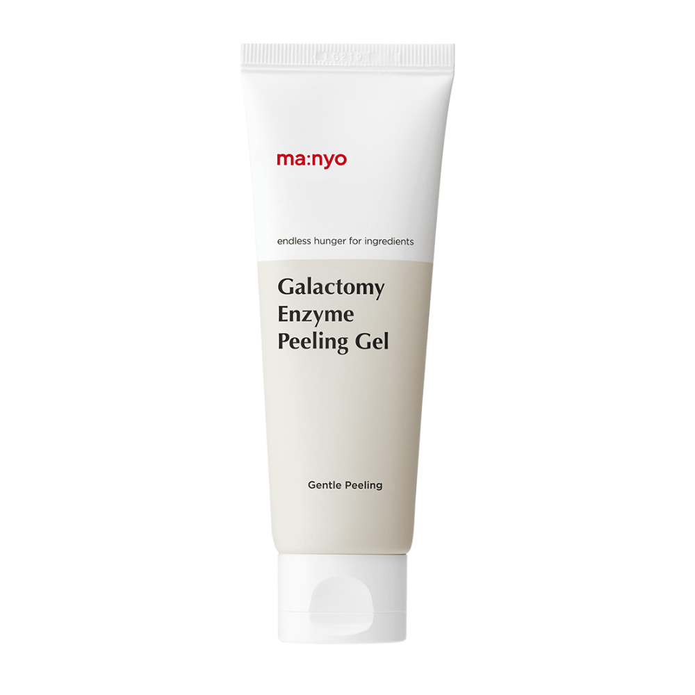 ma:nyo Galactomy Enzyme Peeling Gel, gel peeling exfoliant doux dans un tube blanc et beige sur fond blanc.