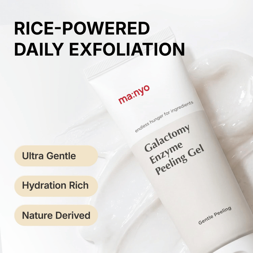 ma:nyo Galactomy Enzyme Peeling Gel, peeling doux avec des ingrédients à base de riz et une texture gel hydratante.