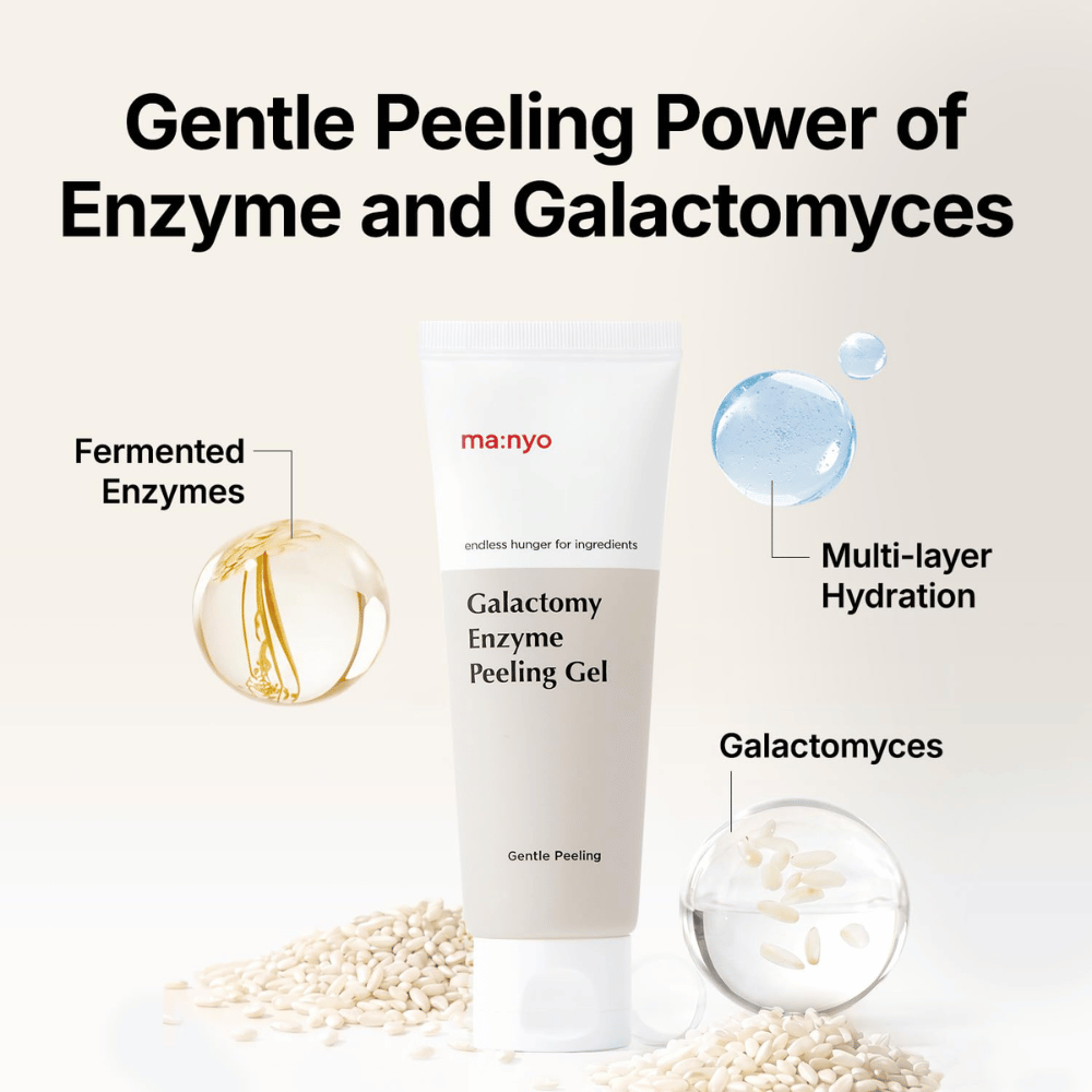 ma:nyo Galactomy Enzyme Peeling Gel avec des enzymes fermentées et du galactomyces qui exfolient et hydratent la peau.