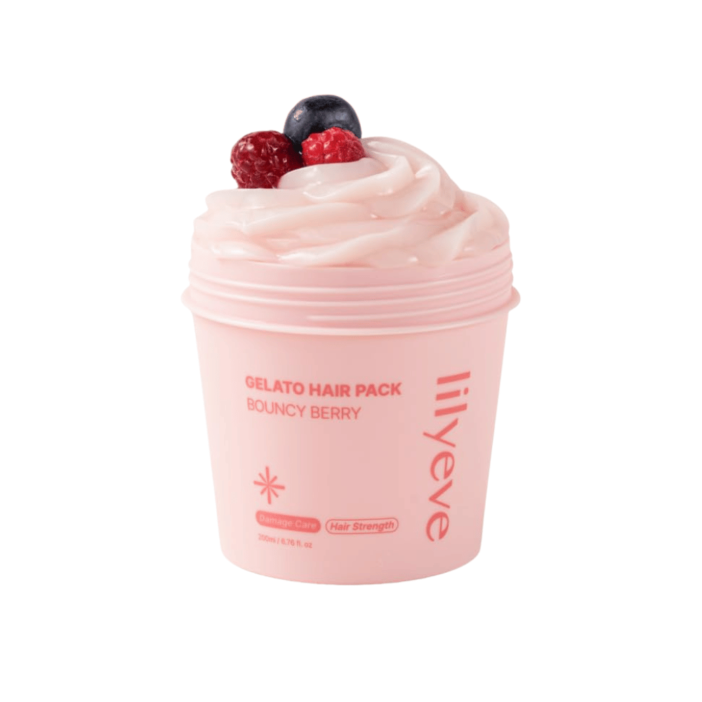 LILYEVE Gelato Hair Pack Bouncy Berry 200 ml – masque protéiné rose pour cheveux abîmés, axé sur la force et la douceur.
