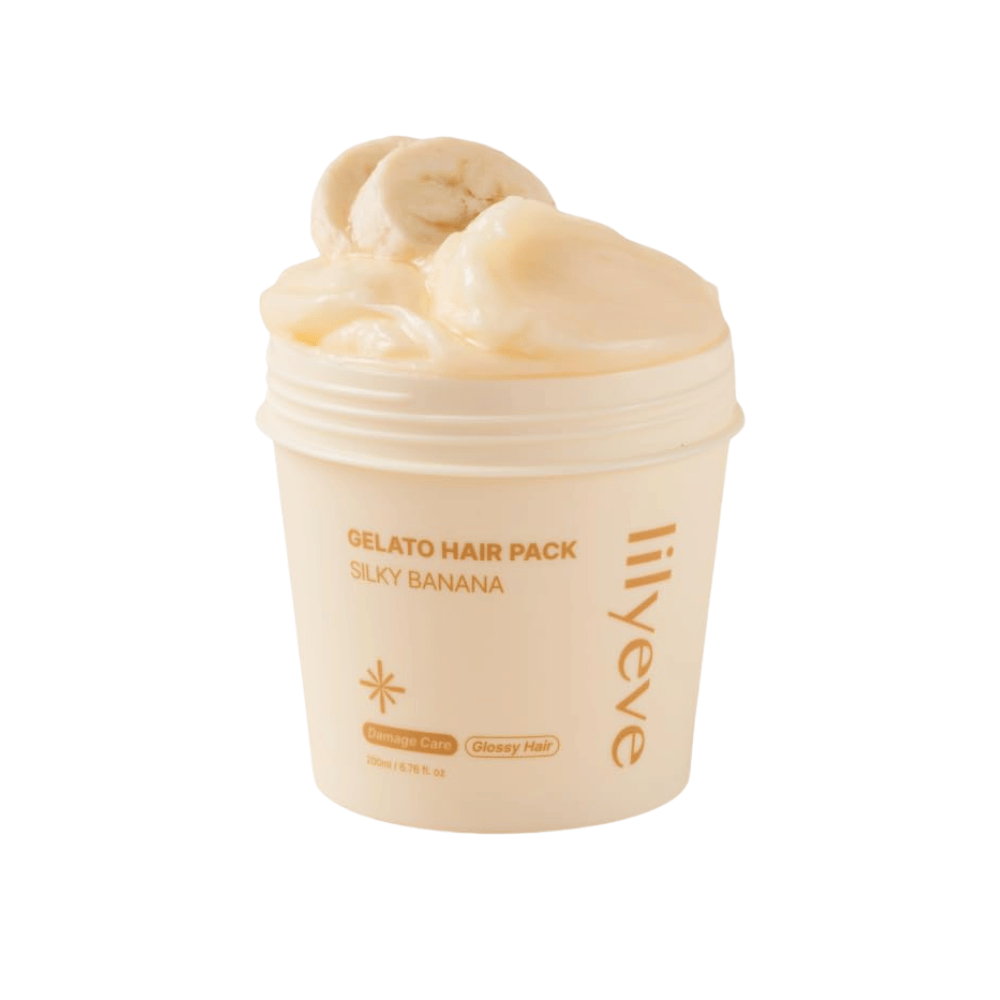 LILYEVE Gelato Hair Pack Silky Banana 200 ml – masque capillaire crémeux pour cheveux abîmés, axé sur la douceur et la brillance.