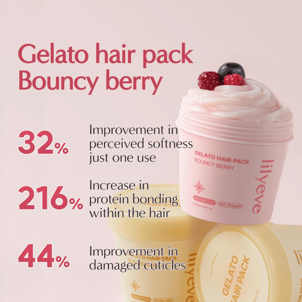 LILYEVE Gelato Hair Pack Bouncy Berry – masque protéiné fortifiant pour des cheveux plus doux et le soin des mèches abîmées.