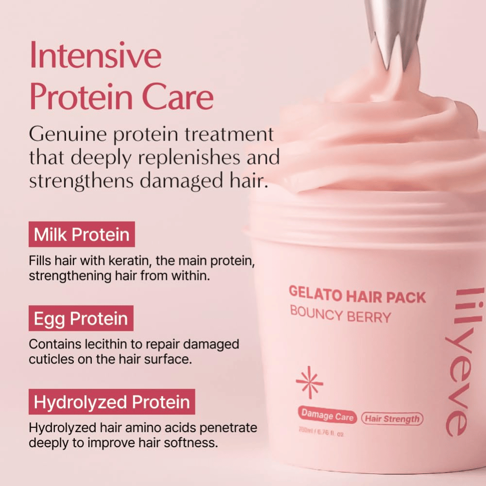 LILYEVE Gelato Hair Pack Bouncy Berry avec protéines de lait, protéines d’œuf et protéines hydrolysées pour un soin intensif des cheveux abîmés.