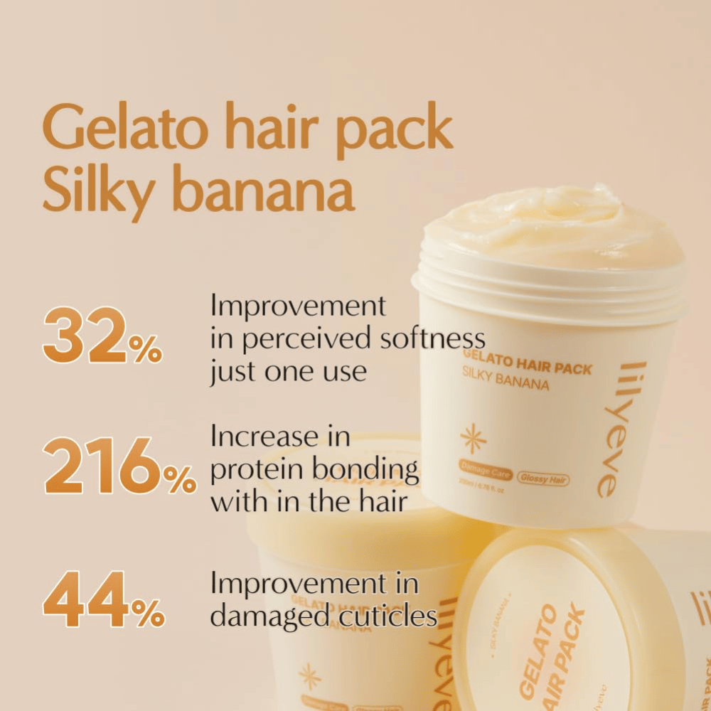 LILYEVE Gelato Hair Pack Silky Banana – masque capillaire riche en protéines pour des cheveux plus doux, de la brillance et le soin des mèches abîmées.