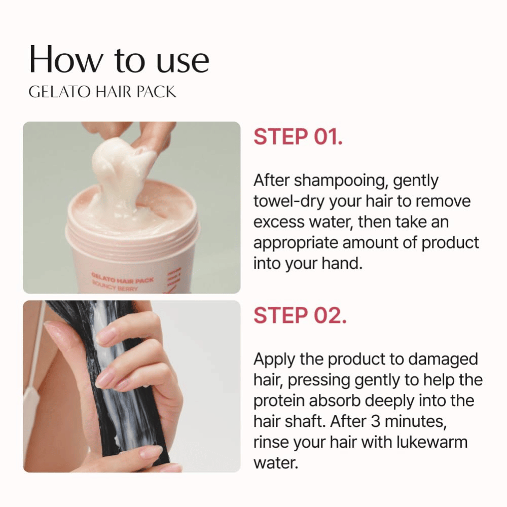 Comment utiliser LILYEVE Gelato Hair Pack – appliquez le masque capillaire sur cheveux essorés à la serviette, laissez agir 3 minutes puis rincez.
