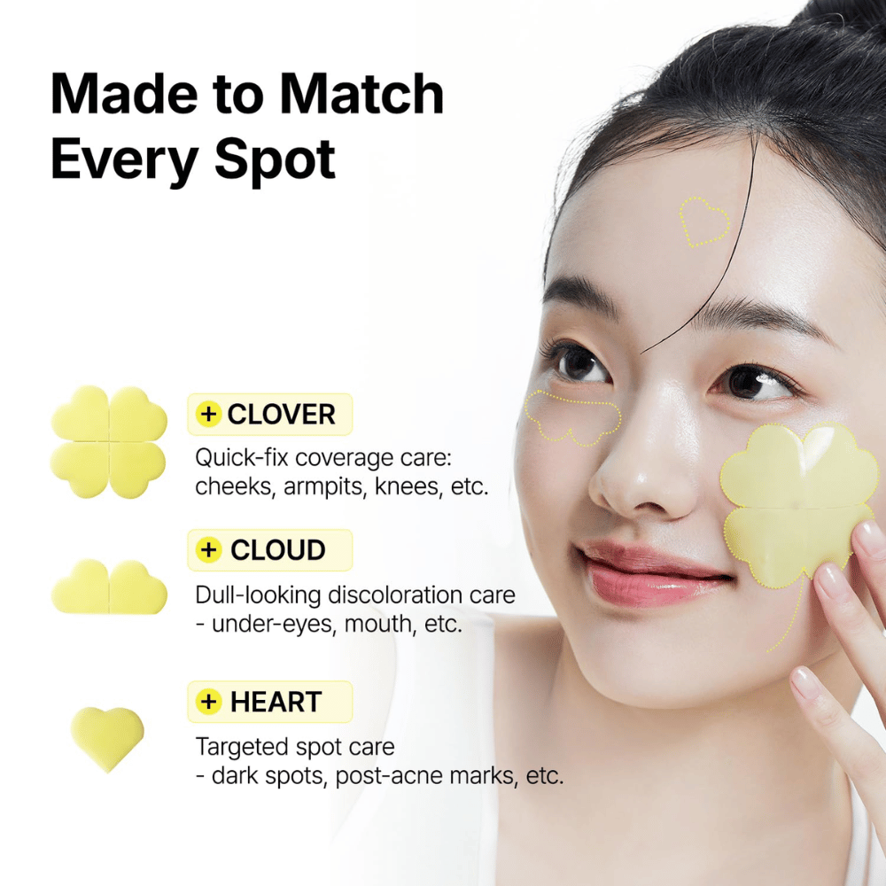 Ma:nyo Glutathione 7 Dark Spot Serum Patch avec des patchs en forme de trèfle, de nuage et de cœur pour un traitement ciblé de différentes zones de la peau